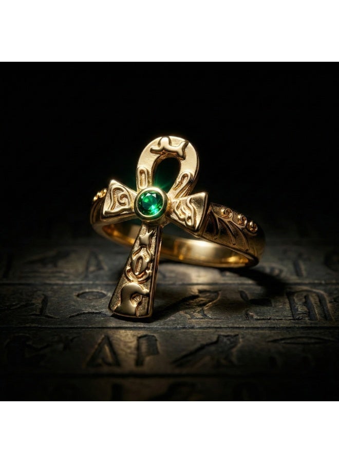 316 Stainless Steel Ankh Ring – Free Size – Gold Ancient Egyptian Life Symbol with Green Crystal – Anti‑Rust & Anti‑Fade - Image 2